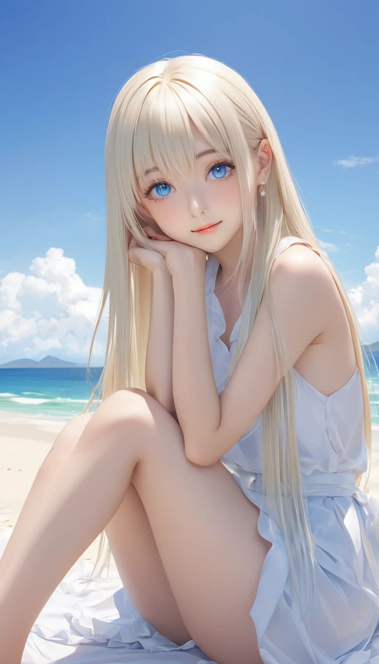 (masterpiece, Highest quality:1.2), One girl, alone,bony body、Age 25、Shiny platinum blonde silk super long straight hair, beautiful shiny bangs, big clear sky blue eyes, very beautiful bright eye highlightaster piece , best quality , (wariza) , hand between legs ,