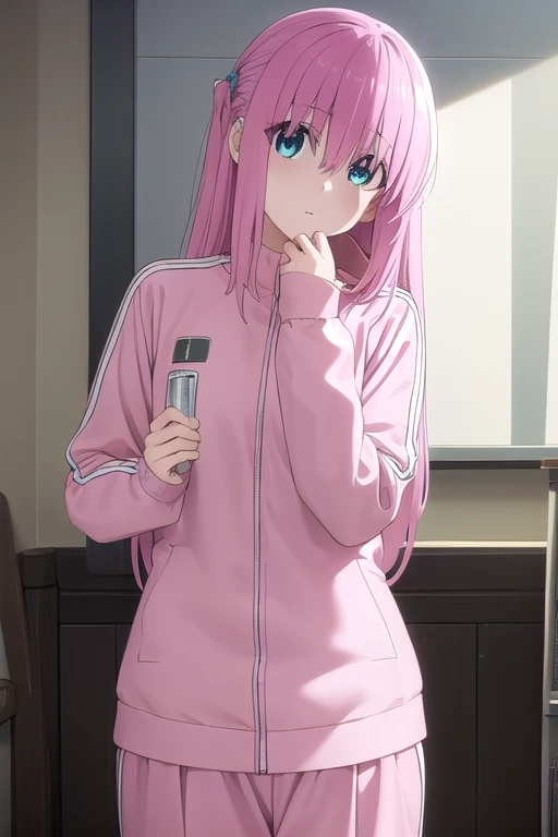 hitorigotou, hitori gotou, blue eyes, cube hair ornament, hair between eyes, hair ornament, pink hair, (one side up:1.2), long hair,
BREAK black skirt, jacket, long sleeves, pants, pants under skirt, (pink jacket:1.5), pink pants, pleated skirt, skirt, track jacket, track pants, track suit,
BREAK indoors, classroom,
BREAK looking at viewer, (cowboy shot:1.5),
BREAK (masterpiece:1.2), best quality, high resolution, unity 8k wallpaper, (illustration:0.8), (beautiful detailed eyes:1.6), extremely detailed face, perfect lighting, extremely detailed CG, (perfect hands, perfect anatomy),