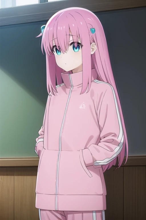 hitorigotou, hitori gotou, blue eyes, cube hair ornament, hair between eyes, hair ornament, pink hair, (one side up:1.2), long hair,
BREAK black skirt, jacket, long sleeves, pants, pants under skirt, (pink jacket:1.5), pink pants, pleated skirt, skirt, track jacket, track pants, track suit,
BREAK indoors, classroom,
BREAK looking at viewer, (cowboy shot:1.5),
BREAK (masterpiece:1.2), best quality, high resolution, unity 8k wallpaper, (illustration:0.8), (beautiful detailed eyes:1.6), extremely detailed face, perfect lighting, extremely detailed CG, (perfect hands, perfect anatomy),