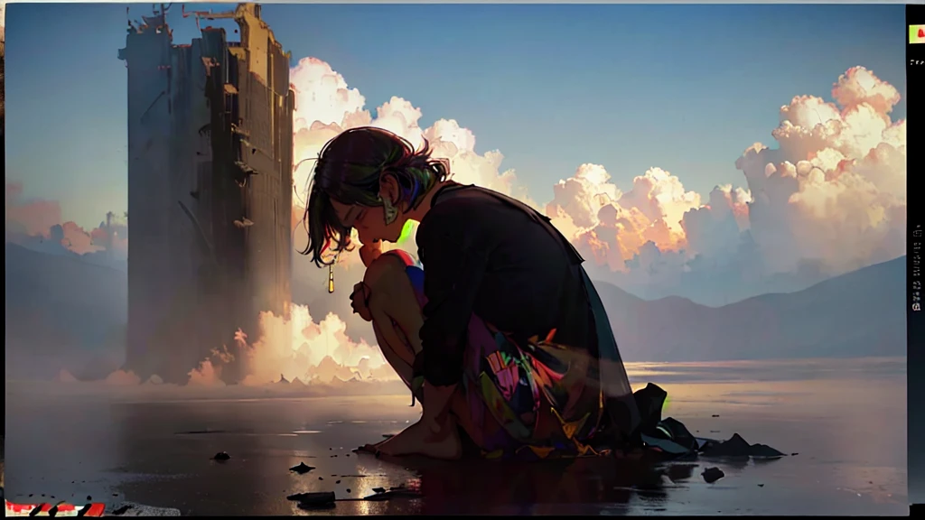 (RAW photo, best quality), (realistic, photo-realistic:1.3), extremely delicate and beautiful, Amazing, finely detail, masterpiece, ultra-detailed, highres,(best illustration), (best shadow),intricate,
A (sad:1.4) girl sit on the top of building,cloud,mist,fogy,
sharp focus, volumetric fog, 8k UHD, DSLR, high quality, (film grain:1.4), Fujifilm XT3,((entoptic patterns,multi-dimensional,multicolored)),