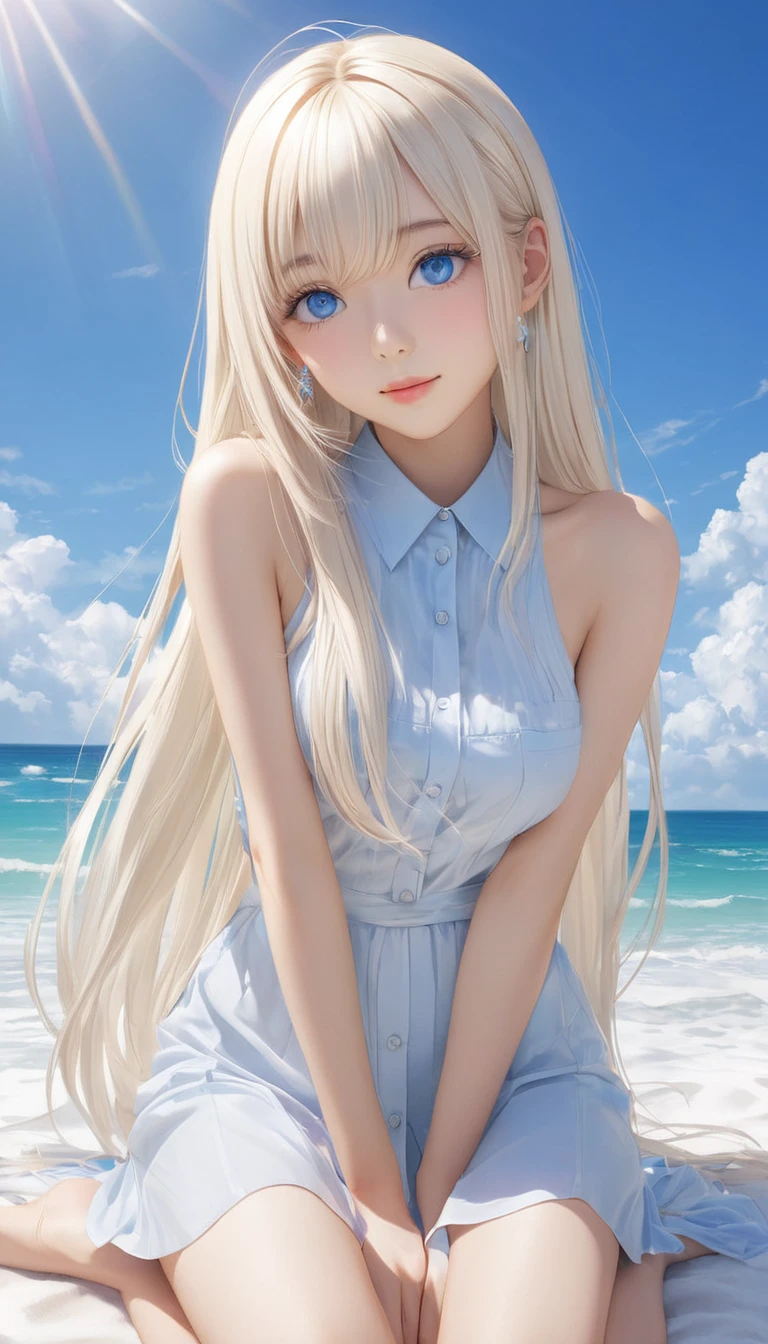 (masterpiece, Highest quality:1.2), One girl, alone,bony body、Age 25、Shiny platinum blonde silk super long straight hair, beautiful shiny bangs, big clear sky blue eyes, very beautiful bright eye highlightaster piece , best quality , (wariza) , hand between legs ,