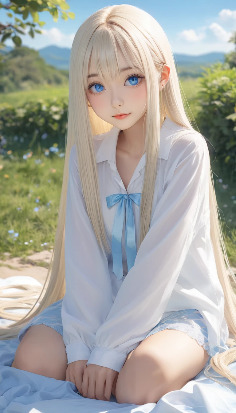 (masterpiece, Highest quality:1.2), One girl, alone,bony body、Age 25、Shiny platinum blonde silk super long straight hair, beautiful shiny bangs, big clear sky blue eyes, very beautiful bright eye highlightaster piece , best quality , (wariza) , hand between legs ,