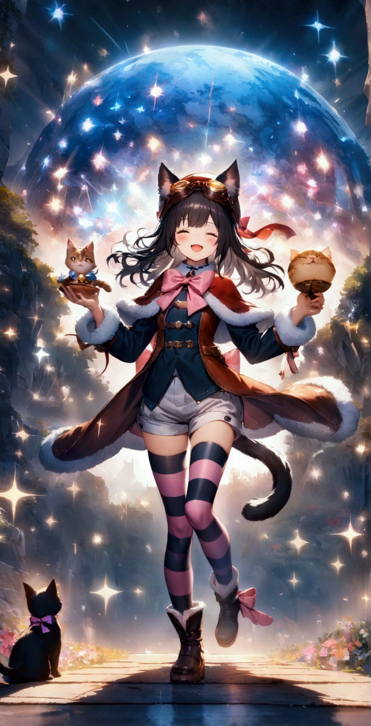 ((32k)), ((best quality)), ((ultra high res)), ((HDR)), ((UHD)), ((extremely detailed CG)), ((unity 32k wallpaper)), 1girl, solo, long hair, blush, smile, open mouth, skirt, black hair, thighhighs, long sleeves, hat, bow, ribbon, holding, animal ears, standing, tail, full body, closed eyes, boots, one eye closed, shorts, striped, cat ears, zettai ryouiki, coat, cat tail, sparkle, bell, capelet, cat, standing on one leg, cat girl, pink bow, goggles, striped thighhighs, tail ornament, key, ears through headwear, tail ribbon, tail bow, goggles on headwear,