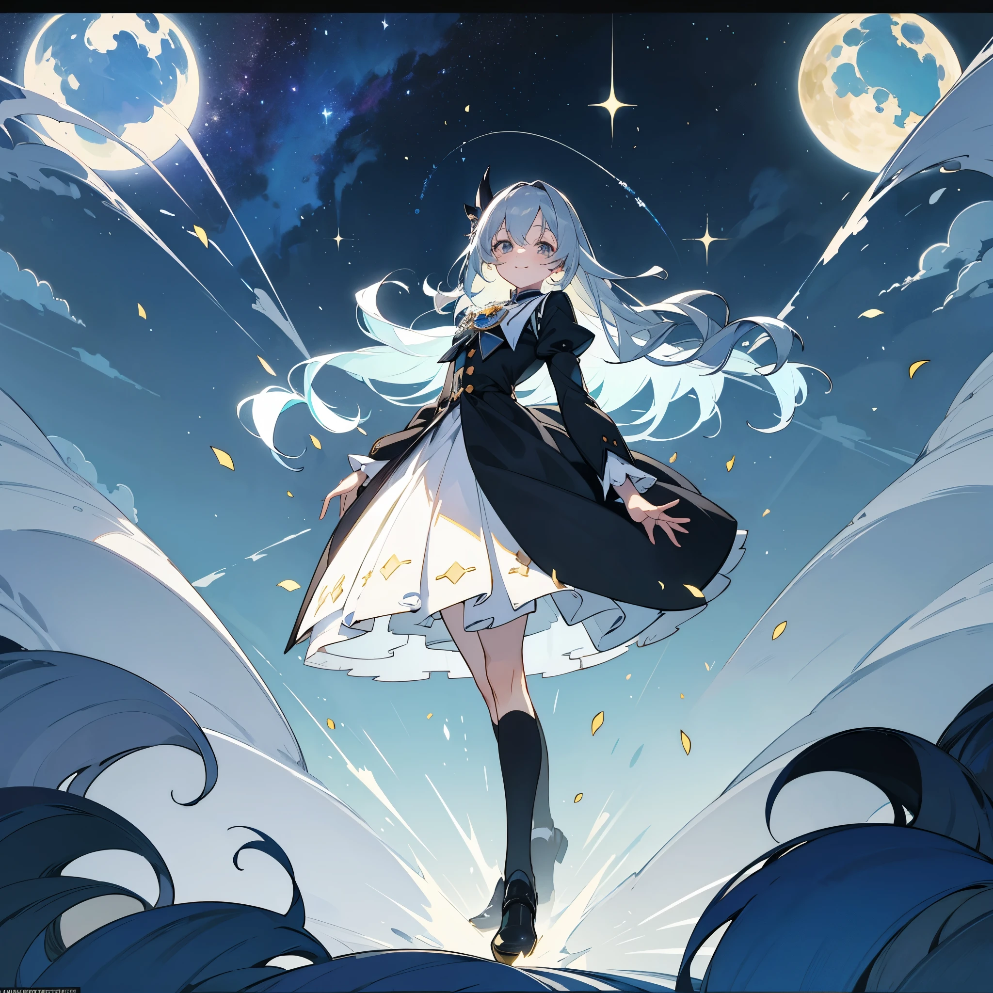 kawaii, anime, Cute, hyper quality, highly detailed, 16k, Front facing, Clarity, full body, smile, one girl, university student, long silver hair, lapis lazuli eyes, bell accessories, butler uniform, black butler uniform, walk through medieval streets, fantasy world, starry skies, light drifts, ornaments, noble, The hill where the bell rings, hill overlooking the town, petals dance, bell, light drifts, bell, lush greenery, Inciting point of view, Only one character appears, moonlight, posture with movement,