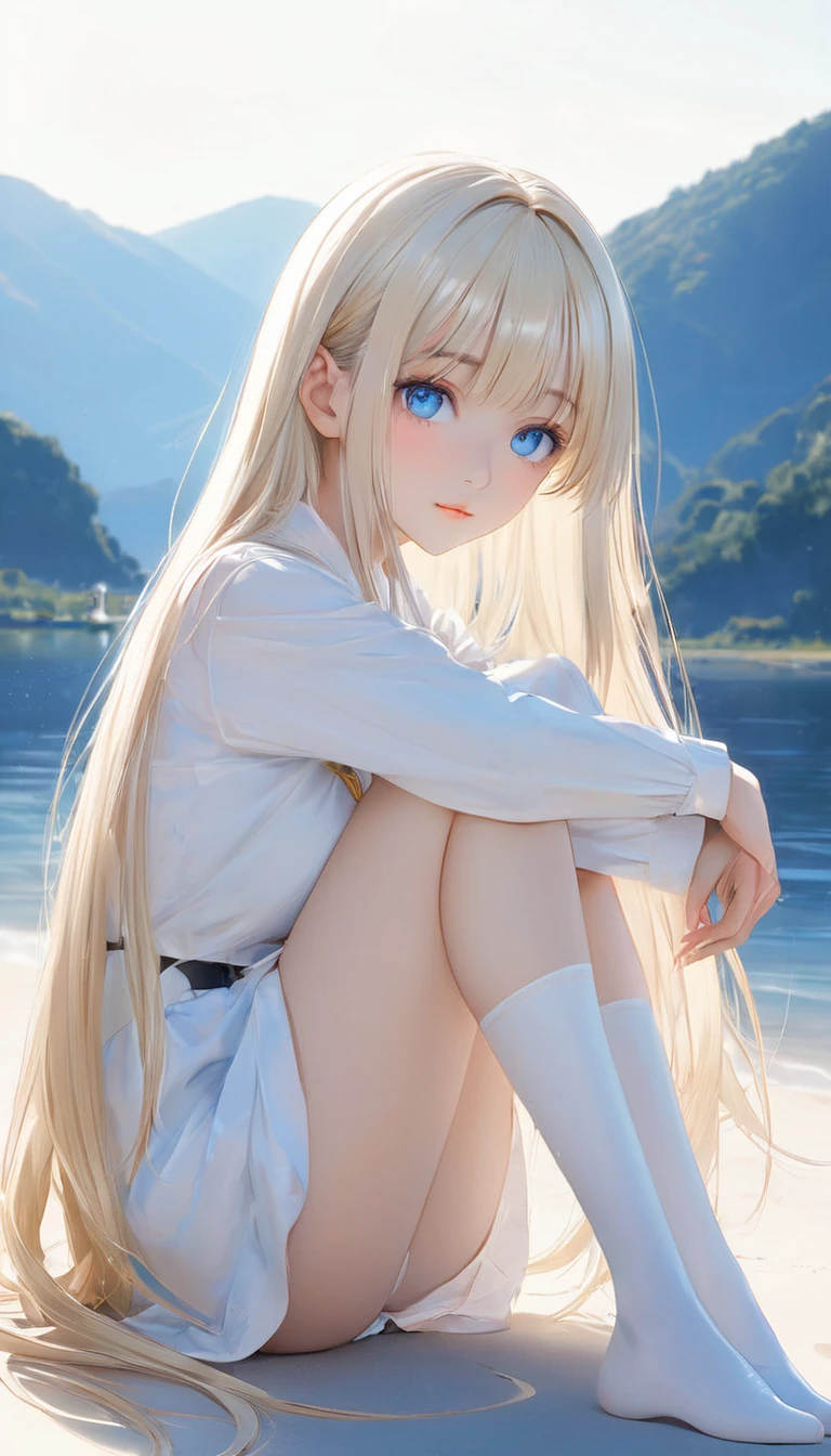 (masterpiece, Highest quality:1.2), One girl, alone,bony body、Age 25、Shiny platinum blonde silk super long straight hair, beautiful shiny bangs, big clear sky blue eyes, very beautiful bright eye highlightaster piece , best quality , (wariza) , hand between legs ,