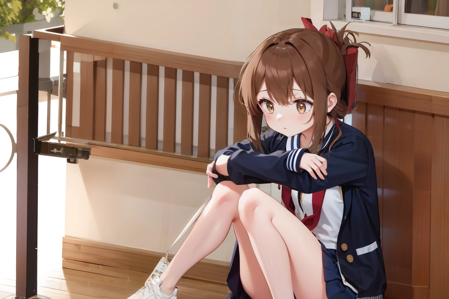 A female student in a sailor uniform sitting on the floor of the gymnasium and watching a physical education class because she feels unwell,(masterpiece, best quality:1.2),illustration,8K,HD,1girl,独奏,upper body,(portrait:1.2),brown_hair,folded_ponytail,brown_eyes,serafuku,long_hair,school_uniform,skirt,pleated_skirt,