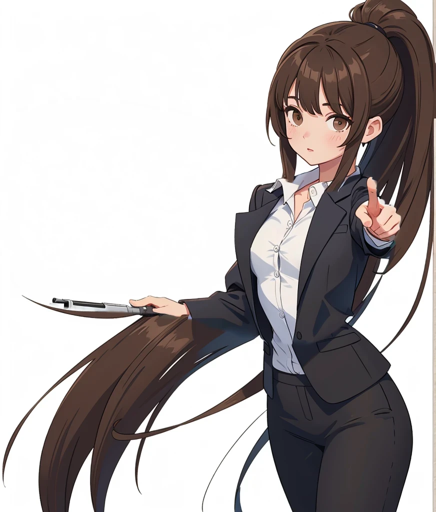business suit with white shirt, holding gun, action pose, gun in hand, pointing gun to the side