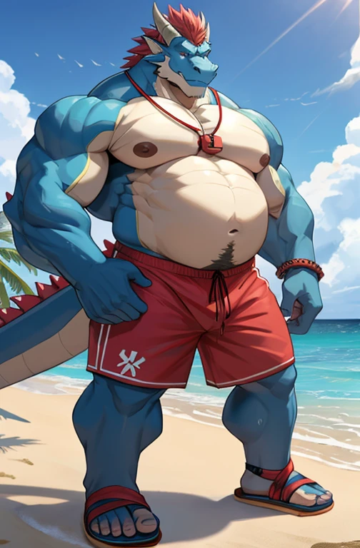 Big buff embarrassed blue cartoon dragon with a humongous ginormously oversized inflated beige stomach, high blue, white eyes with black pupils, big oversized bellybutton, light blue back, lifeguard tank top overhanging on top of his huge stomach, green necklace with dragon tooth, shocked look on his face, high pink blush, spiky red mohawk hairline, red arm necklace, huge ginormous muscular build with gigantic nipples, body hair across his chest and oversized stomach, water droplets all over his muscular body, one hand holding his giganticly oversized stomach, red lifeguard shorts, sandals, standing on a beach resort in a ready to fart position and farting out a huge enormous light green toxic gas cloud coming out of his butthole behind him