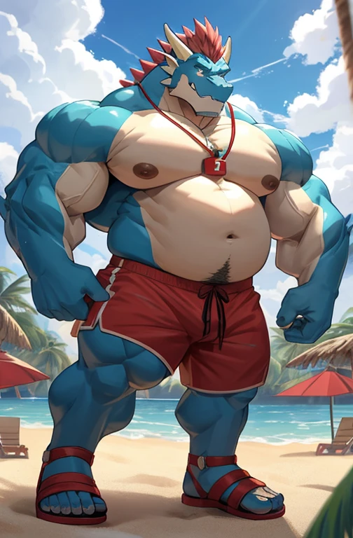 Big buff embarrassed blue cartoon dragon with a humongous ginormously oversized inflated beige stomach, high blue, white eyes with black pupils, big oversized bellybutton, light blue back, lifeguard tank top overhanging on top of his huge stomach, green necklace with dragon tooth, shocked look on his face, high pink blush, spiky red mohawk hairline, red arm necklace, huge ginormous muscular build with gigantic nipples, body hair across his chest and oversized stomach, water droplets all over his muscular body, one hand holding his giganticly oversized stomach, red lifeguard shorts, sandals, standing on a beach resort in a ready to fart position and farting out a huge enormous light green toxic gas cloud coming out of his butthole behind him