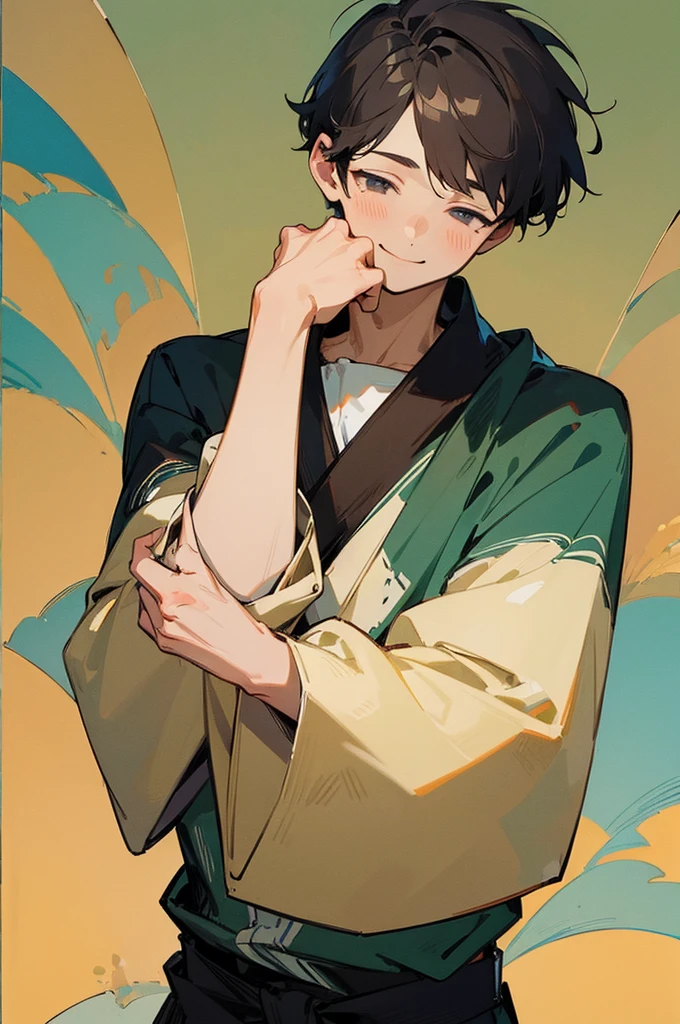((masterpiece)),(((best quality))), illustration, 1boy, scratching head, shy, halfbody, smiling