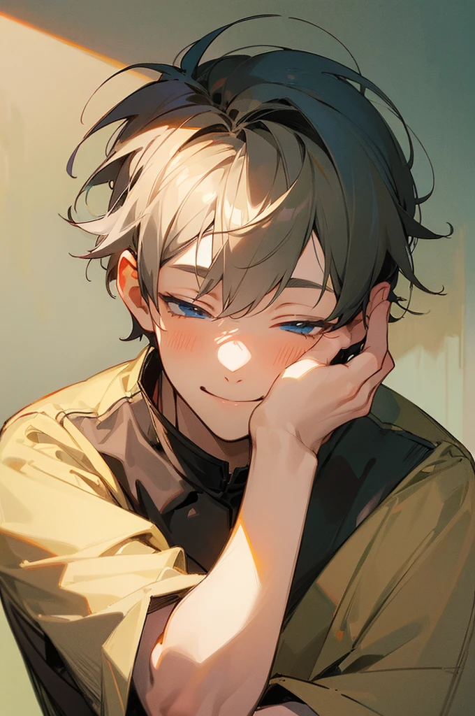 ((masterpiece)),(((best quality))), illustration, 1boy, scratching head, shy, halfbody, smiling