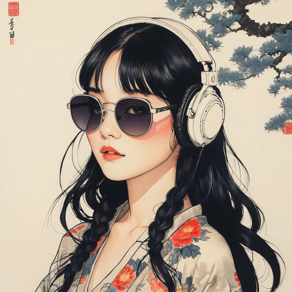 (((Highest quality))), Ink Painting, (((1 girl))), (((tattoo))), (((Light colored sunglasses))), Japanese style headphones, Japan刀, beautiful girl, Black Hair, Delicate and precise, Modern ukiyo-e style, Japan