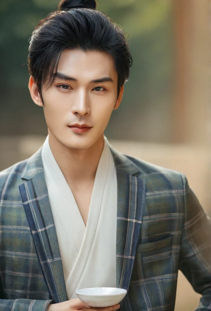 (Male character design), half body photo, staring at the camera,
(A close-up of Chinese handsome man Wei Jie brewing tea), he has a handsome face, delicate features, tall and straight figure, delicate and fair skin, picturesque eyebrows, and an unparalleled appearance. His eyes are bright and lively, making people involuntarily fall in love with him. His hairstyle is combed into a high bun, making him particularly handsome. (Wearing a plaid coat)
HD, High Quality, HD Analysis, 32k, Surrealism,