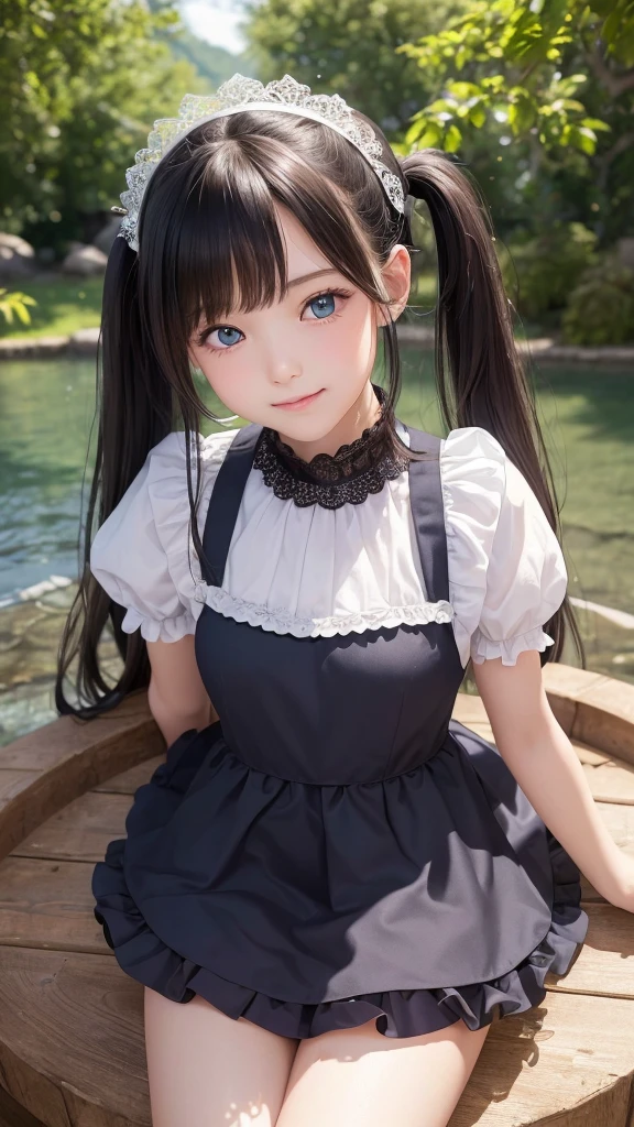 ((masterpiece)), ((highest quality、Ultra high definition)), (Very detailed),8K、Photo quality、((Amazingly cute girl)),((())), Two people, , (Beautiful emerald blue eyes), ((smile)),In the open-air bath overlooking the sea, Beautifully arranged black hair in twin tails、whole body、Cute lolita maid stylimsuit))、Professional Lighting、(White lace knee-highore detailed and beautiful)、(More details and cutenesore realistic)、(((Just wear light clothing)))、プールではしゃぐ、
