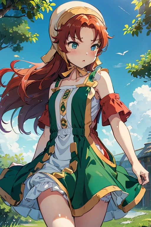 High resolution、Highest quality、Small build、Small shoulders、White skin、Long Hair、thin、Maribel、 Redhead、Food, (Green Dress)、Green mini dress、Big slit、blush、thin太もも、Panty shot、(White panties)、The dress was blown up by the strong wind.