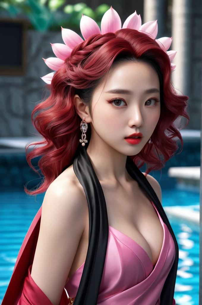 (abyss) 1girl bangs bare shoulders breasts cleavage cleavage cutout closed eyes crescent crescent facial mark double bun dress facial mark facing viewer forehead mark horns long hair medium breasts parted bangs partially submerged pink hair red hair solo very long hair wading water