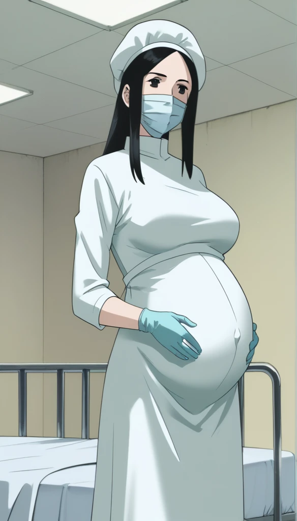 score_9, score_8_up, score_7_up, source_anime, raw image, masterpiece, highest quality, kasuganoray, pale skin, shy eyes, long black hair, big breasts, scrubs, surgical mask, bouffant cap, long sleeve maternity dress, seamless, navel head, the dress isn't wrinkled, long white stockings,
1girl, pregnant, solo, long rubber gloves, looking down, furrowed brow, hospital bed, light shines from the ceiling, standing, patient room background,