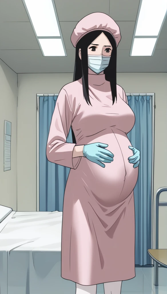 score_9,  score_8_up, score_7_up, source_anime, raw image, masterpiece, highest quality, kasuganoray, pale skin, shy eyes, long black hair, big breasts, scrubs, surgical mask, bouffant cap, long sleeve maternity dress, seamless, navel head, the dress isn't wrinkled, long white stockings,
1girl, pregnant, solo, long rubber gloves, looking down, furrowed brow, hospital bed, light shines from the ceiling, standing, patient room background, 