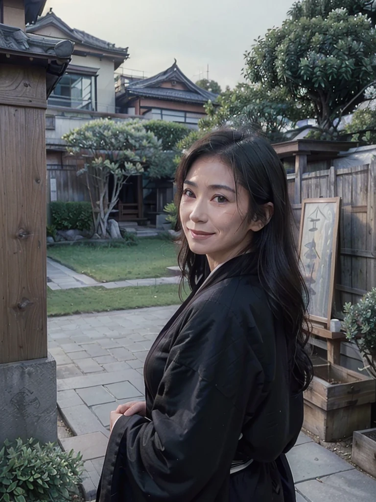 (masterpiece:1.4), (high resolution : 1.3), (retro picture : 1.1), (desaturated colors : 1.1), (Film Grain : 1.1), (scene from old japanese movie : 1), (looking to the side : 1.3), (60-year-old woman:1.5),(Facial wrinkles:1.2),Captivating smile, (long hair : 1.1), (Wearing an elegant black kimono), Mature Woman, detailed background, traditional japanese old house