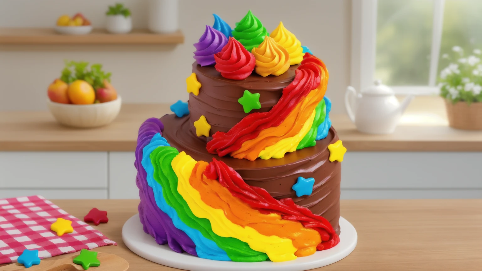 on a wooden table. there is a white plate. double tier chocolate cake ((chocolate cream texture, strokes of a pastry spatula)), rainbow cream in stitches, decorated with rainbow stars made of polymer clay, multi-colored cream on top ((cream highlights)), on the table there is a checkered tablecloth and star cornets made of polymer clay. against the background of the kitchen, vase with plant, Fruit basket, kettle, shelf with kitchen utensils. Beautiful light from the window, contour light, Multiple light sources, beautiful lighting, Bright light source, bright lighting, beautiful light sources, Multiple light sources, Realistic style , realistic texture, detailed texture, A high resolution, high quality, macro photography