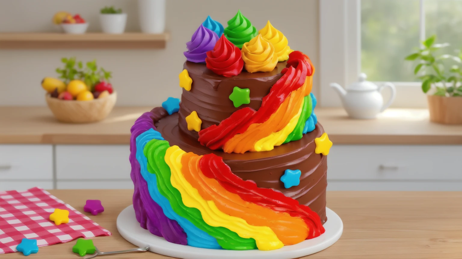 on a wooden table. there is a white plate. double tier chocolate cake ((chocolate cream texture, strokes of a pastry spatula)), rainbow cream in stitches, decorated with rainbow stars made of polymer clay, multi-colored cream on top ((cream highlights)), on the table there is a checkered tablecloth and star cornets made of polymer clay. against the background of the kitchen, vase with plant, Fruit basket, kettle, shelf with kitchen utensils. Beautiful light from the window, contour light, Multiple light sources, beautiful lighting, Bright light source, bright lighting, beautiful light sources, Multiple light sources, Realistic style , realistic texture, detailed texture, A high resolution, high quality, macro photography
