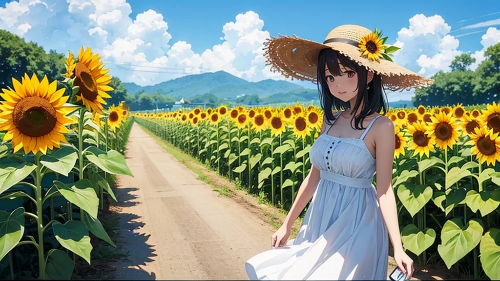 Sunflower field。Wearing a straw hat、earphone。Wearing a white dress、Big Tits Girls。Clear blue sky。Low Poly。Anime Style。Watercolor。