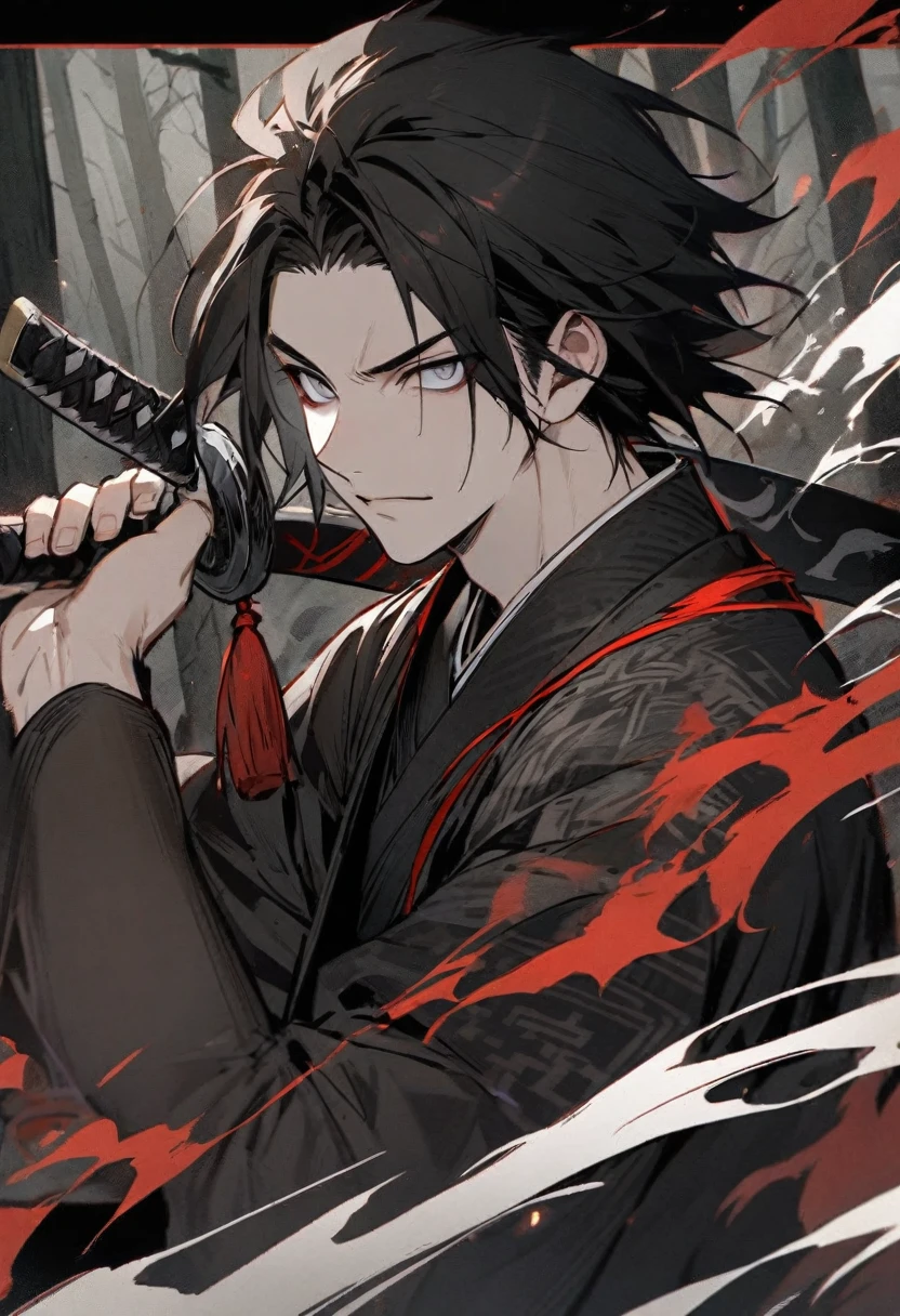 young man with calm face ,Male Dark, dark Woods,Red & Black colors, pale eye, samurai dnd, ronin background, hold katana in right hand