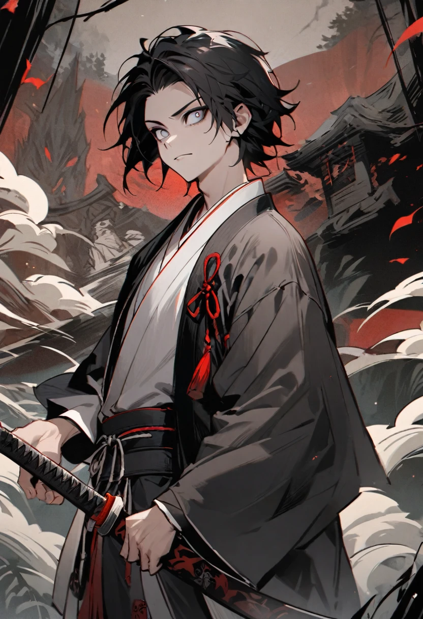 young man with calm face ,Male Dark, dark Woods,Red & Black colors, pale eye, samurai dnd, ronin background, hold katana in right hand