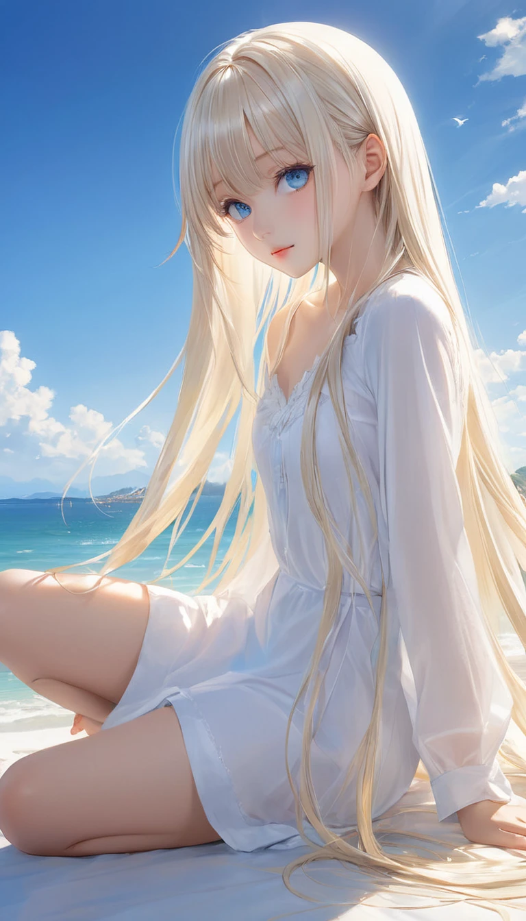 (masterpiece, Highest quality:1.2), One girl, alone,bony body、Age 25、Shiny platinum blonde silk super long straight hair, beautiful shiny bangs, big clear sky blue eyes, very beautiful bright eye highlightaster piece , best quality , (wariza) , hand between legs ,