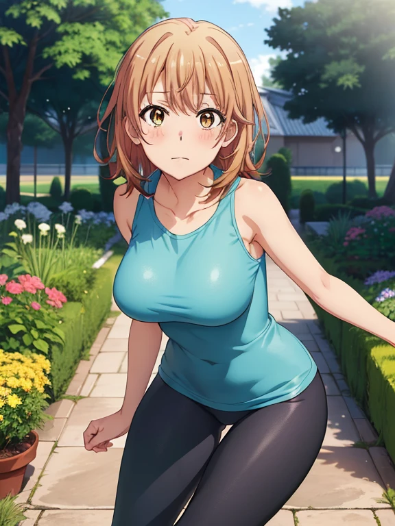 ((masutepiece, Best Quality, hight resolution, nffsw, Perfect Pixel, depth of fields, 4K, )), 1girl in, Solo, , Beautiful anime girl, Beautiful Art Style,
jumping:1.3, garden, Looking at viewer.
Perfect body, shy face, tilted forward:1.5,
isshiki iroha, large breasts, Full face blush, blue yoga pants:1.3, white tank:1.3,
straight on:1.3, medium shot