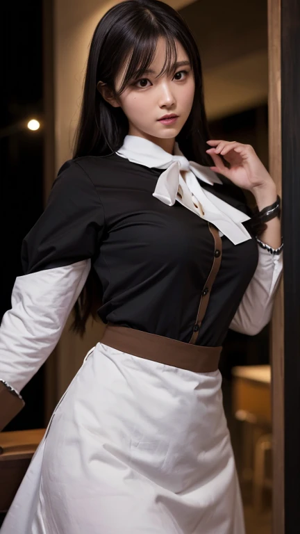 (Surreal), (figure), (High resolution), (8K), (Very detailed), (best figure), night ( Chainsaw Man ), (Beautiful attention to detail), (Highest quality), (Super detailed), (masterpiece), (wallpaper), (Detailed face), alone, Upper Body, Focus on the face, 1 Girl, Long black hair, Korean, Light eyeshadow, Well-detailed eyes, Brown eyes, Long sleeve shirt, Neck Bow, Large Breasts, Apron dress, Dynamic pose, Low light, night, dark, cloud, dark night,Browsing Caution