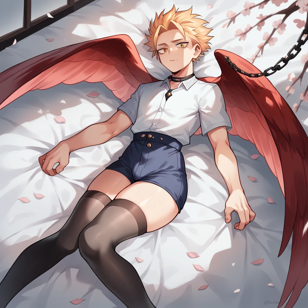 only, boy blonde hair slicked back, two front strands sticking out, gold eyes, red bird wings on its back, delicate ranges, thin, curves thighs, small waist, delicate body, gay, dress: white short sleeve thigh length shirt, dark blue short shorts, long black stockings above her knees, lying on a white blanket on the floor, black necklace attached to a long chain on his, light purple cherry blossoms, large windows, submissive, Hawks, Boku no hero academia