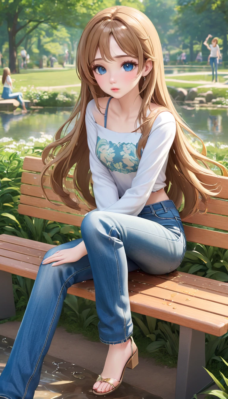 ((best quality, masterpiece:1.3, 8K)), (detailed), highly detailed face and skin texture, detailed eyes, park, pond, bench, full body, (slender body:1.1), (a group of girls:1.5), 25 years old, white skin, bright lips, worried, embarrassed, long hair, (forehead:1.0), (jeans pants:1.2, flares jeans:1.2, skinny jeans:1.2, blue jeans:1.2), (wetting themself:2.5),