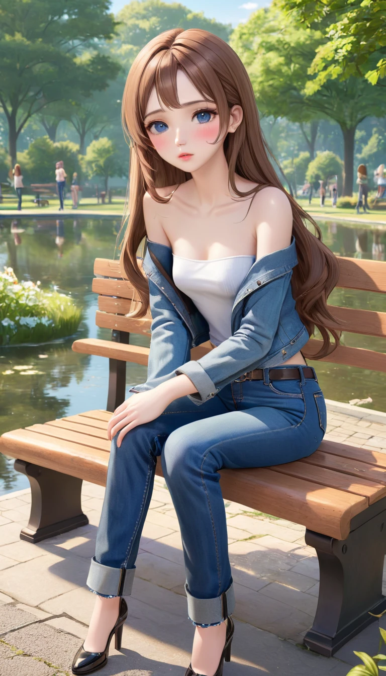((best quality, masterpiece:1.3, 8K)), (detailed), highly detailed face and skin texture, detailed eyes, park, pond, bench, full body, (slender body:1.1), (a group of girls:1.5), 25 years old, white skin, bright lips, worried, embarrassed, long hair, (forehead:1.0), (jeans pants:1.2, flares jeans:1.2, skinny jeans:1.2, blue jeans:1.2), (wetting themself:2.5),