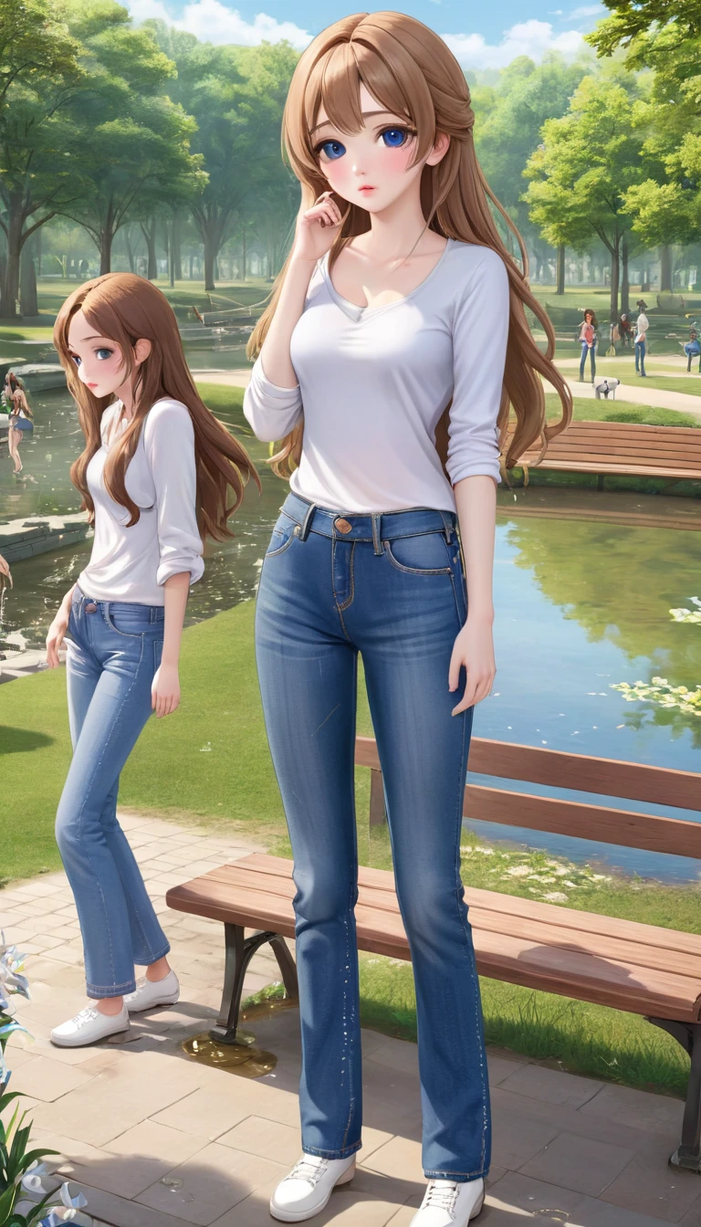 ((best quality, masterpiece:1.3, 8K)), (detailed), highly detailed face and skin texture, detailed eyes, park, pond, bench, full body, (slender body:1.1), (a group of girls:1.5), 25 years old, white skin, bright lips, worried, embarrassed, long hair, (forehead:1.0), (jeans pants:1.2, flares jeans:1.2, skinny jeans:1.2, blue jeans:1.2), (wetting themself:2.5),