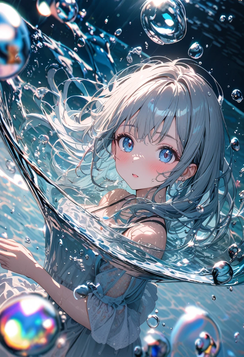 Super detailed, 8K, glass, Water in a glass, bubble, Right blue water, nice, bright,pretty girl,In the water