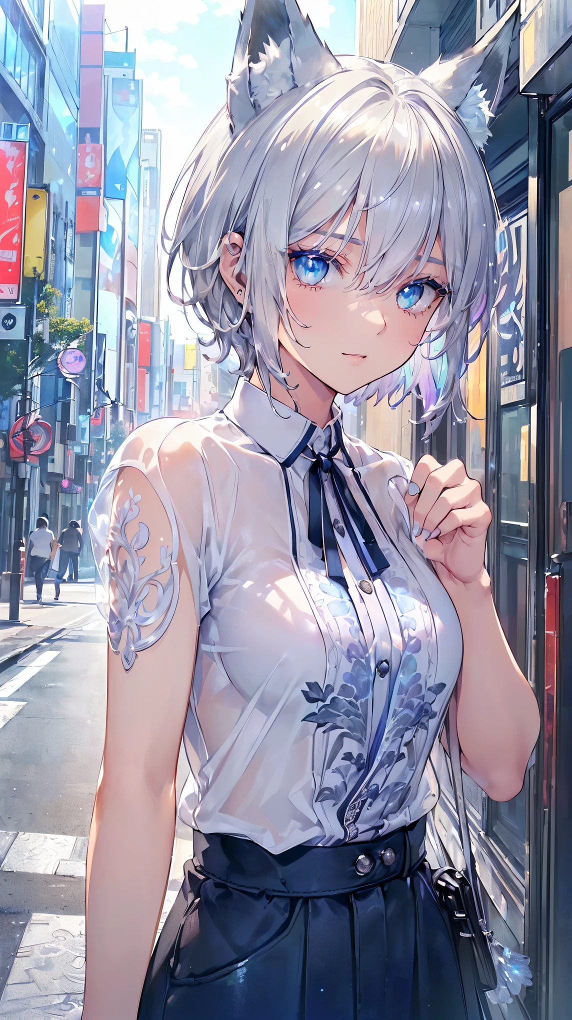 (((Masterpiece))), (((Highest quality))), ((Ultra-detailed)), ((Super fine illustration)), ((Ultra-fine painting)), (16K highest quality wallpaper:1.4), (Upper body:1.6), HDR, (Highly detailed and delicate illustration style:1.8), Detailed skin texture, Detailed cloth texture, Extreme detailed description, (T-masterpiece), (Highly detailed face:1.4), (Highly detailed beautiful silver short hair:1.2), (Highly delicate beautiful blue eyes:1.2), Original, RAW photo, Professional, Intricate details, Super details, Iridescent light:1.7, Direct light:1.6, (Perfect anatomy:1.4), (Highly detailed hands:1.2), (Highly detailed fingers:1.2), (Highly detailed fingertips:1.2), (18-years-old), (Solo:1.8), Real, ((A very beautiful and cool boyish silver fox female fashion model:1.4))
BRAKE
(Beautiful and adorable silver fox ears:1.6), (Highly detailed and delicate silver fox ears:1.2), (Beautiful and well-shaped big breasts:1.2), (Beautiful and well-shaped buttocks), (Very beautiful and shiny rainbow-colored short hair, colorful short hair:1.6), (Very beautiful and transparent blue eyes that shine in iridescent colors, colorful eyes:1.5), (Beautiful clear blue eyes with sparkling details:1.6), (Highly detailed face:1.4), (Smile:1.3), (looking at viewer:1.4), (Walking)
BRAKE
((Very beautiful and cool casual boyish outfit:1.4))
BRAKE
(Just afternoon:1.2), (Highly detailed and delicate streets of Shibuya:1.4), (Highly detailed and delicate background)
BRAKE