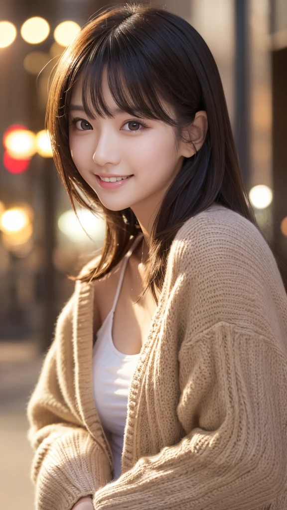 Tabletop, Highest quality, shape, Very detailed, finely, High resolution, 8K wallpaper, 完璧なダイナミックな構shape, Beautiful and detailed,cardigan,ランダムなcute髪,Small breasts,Natural color lip, smile、20-year-old girl、cute、sexy shot looking at camera,Always Blur the background,Perfect and beautiful face,Take a picture of only the face,美しくDetailed face、Slim face and figure,Big eyes、Putting on gal makeup,Actual Photos、(Get closer to the face, Make your face bigger, Face Focus:1.0), break, (masterpiece, Highest quality, Very detailed, Detailed face, 8K)、Actual Photos、Blur the background、smile、Bokeh、evening、Urban city