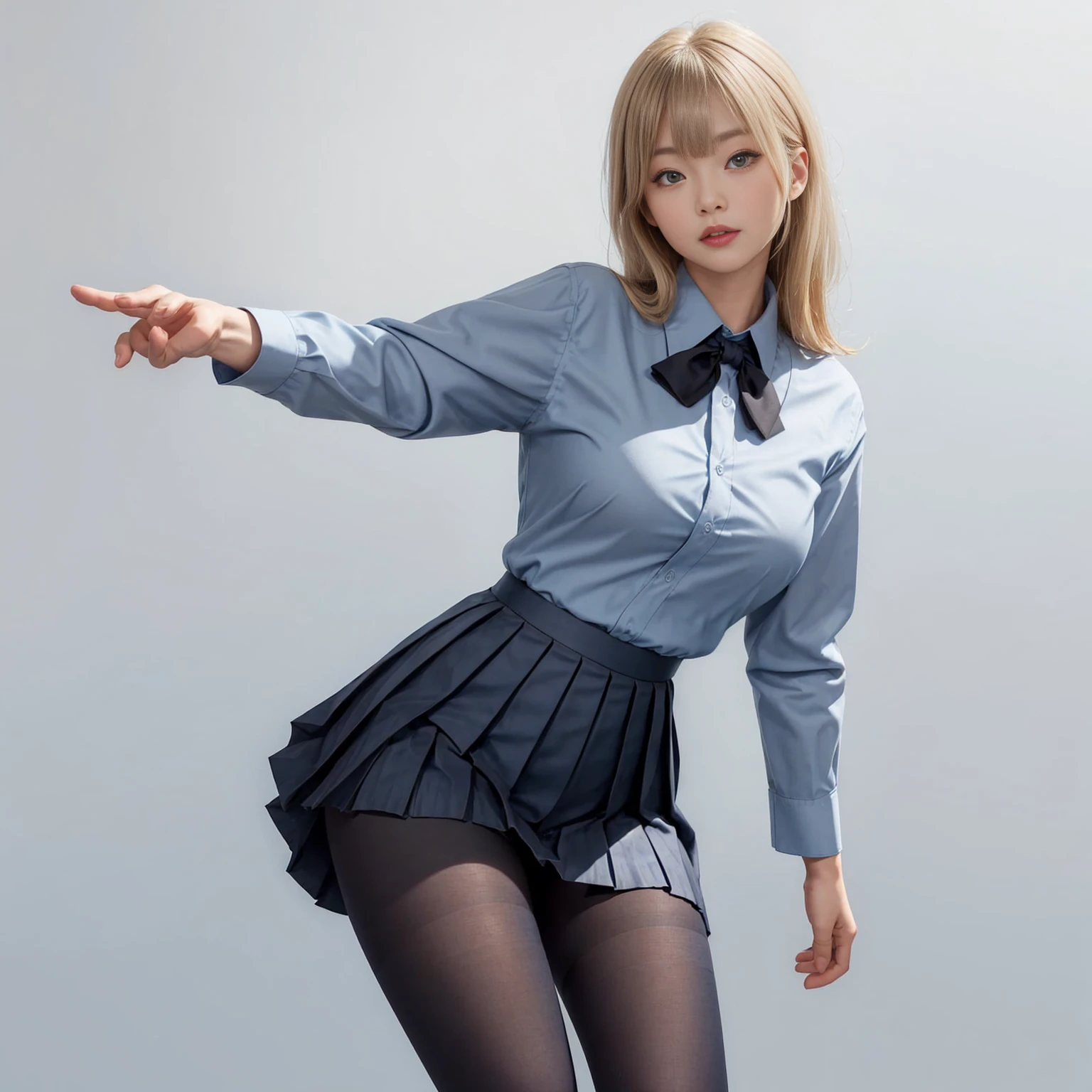 ((spread both legs apart)), ((black pantyhose)), ((thick thighs with black tights)), ((right hand with a closed fist)), (photorealistic), japanese school girl posing for a photo in the sunny day photo studio, best quality, mature body, (light blue dress shirt:1.4), (navy blue pleated skirts:1.4), school girl uniform, (light blond messy wavy bob with side part), flushed face, slightly parted lips, 8k