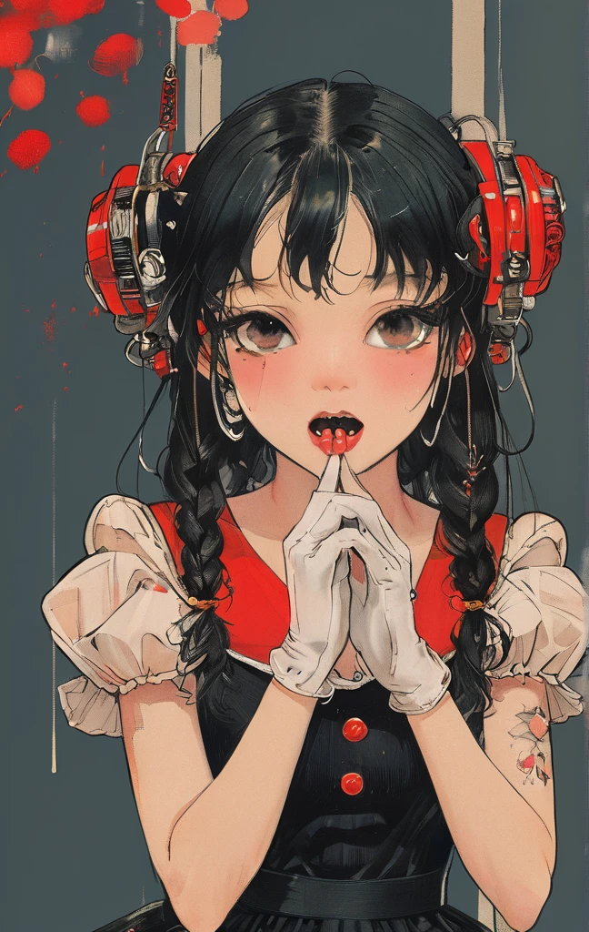 masterpiece, best quality, 1girl, gloves, solo, tongue, red background, black gloves, tongue out, long hair, elbow gloves, bangs, puffy sleeves, open mouth, grey hair, short sleeves, looking at viewer, hands on own face, upper body, blunt bangs, puffy short sleeves, colored tongue, heart, black dress, dress, hands on own cheeks, red eyes, facial mark, crown, simple background, tattoo, string, teeth, halftone