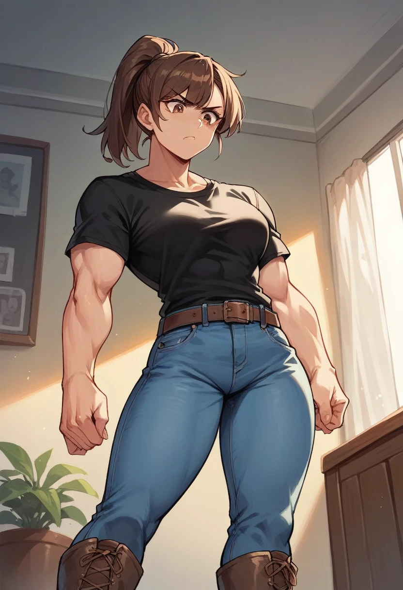 high resolution,Light blue jeans,Brown belt,Black T-shirt,woman,Muscular,boots,Brown Hair,ponytail,Beauty,cute,Glare,Looking down,Hotel Rooms,8K