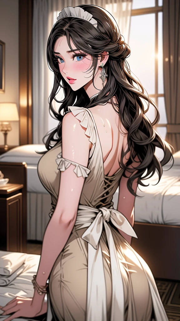 (masterpiece, Best quality, a high resolution, ultra detailed),(beautiful and aesthetically pleasing:1.2), 1 woman, adult woman, black wavy hair, green eyes, tall long tail, Lethargic,  gentle face,(slight smile:0.8) detailed eyes and face, perfect body,  bare neck, Silk camisole, with lace trim, Pettipants, boudoir, looking over your shoulder, back focus, back to camera, Early pregnancy 