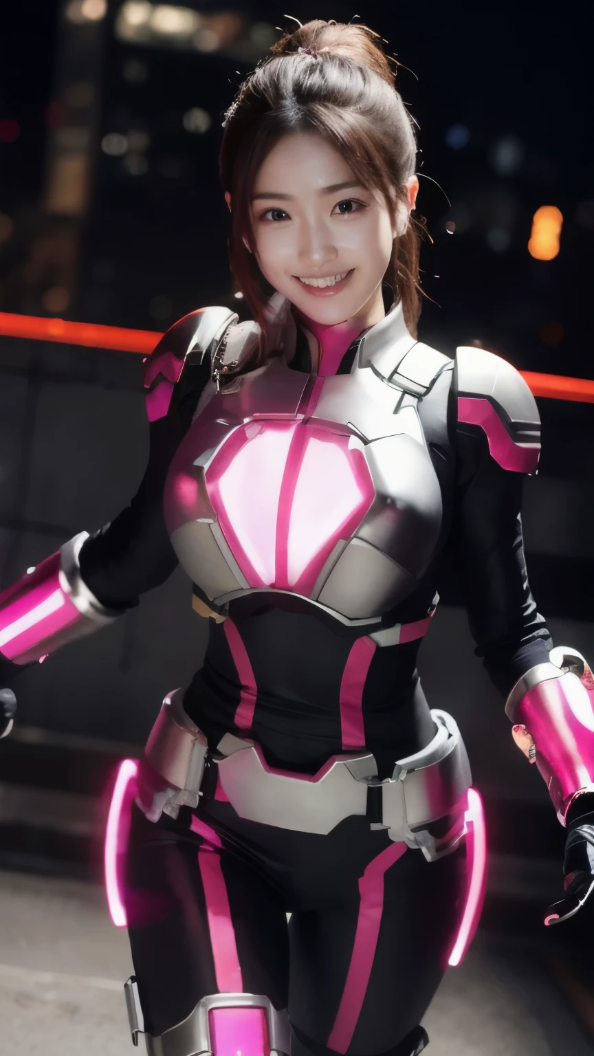 A beautiful 25 year old Japanese woman wearing bright pink light metallic powered armor:1.5,、smile、Japanese, ponytail, bath, whole body,Big Breasts:1.5
