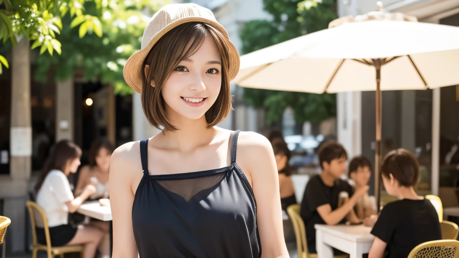 super high quality, Short Hair, Slender, Gravure photoshoot, The staff is working at the counter in the back., (8K、RAW Photos、Highest quality、masterpiece:1.2), Japanese Idol, Stylish café, The cafe is crowded with people enjoying themselves., (Realistic、Photorealistic:1.37), Mesh Hair, Urban Cafe, Golden Ratio, Raw photo, Cute face , Light Brown Hair, Small breasts, Bright cafe interior, Summer clothes, Cafe Terrace, Open Cafe, A kind smile, Hair blowing in the wind, Neat clothes, boyish, ベリーShort Hair, 18-year-old, younger sister, Stylish clothes, 
