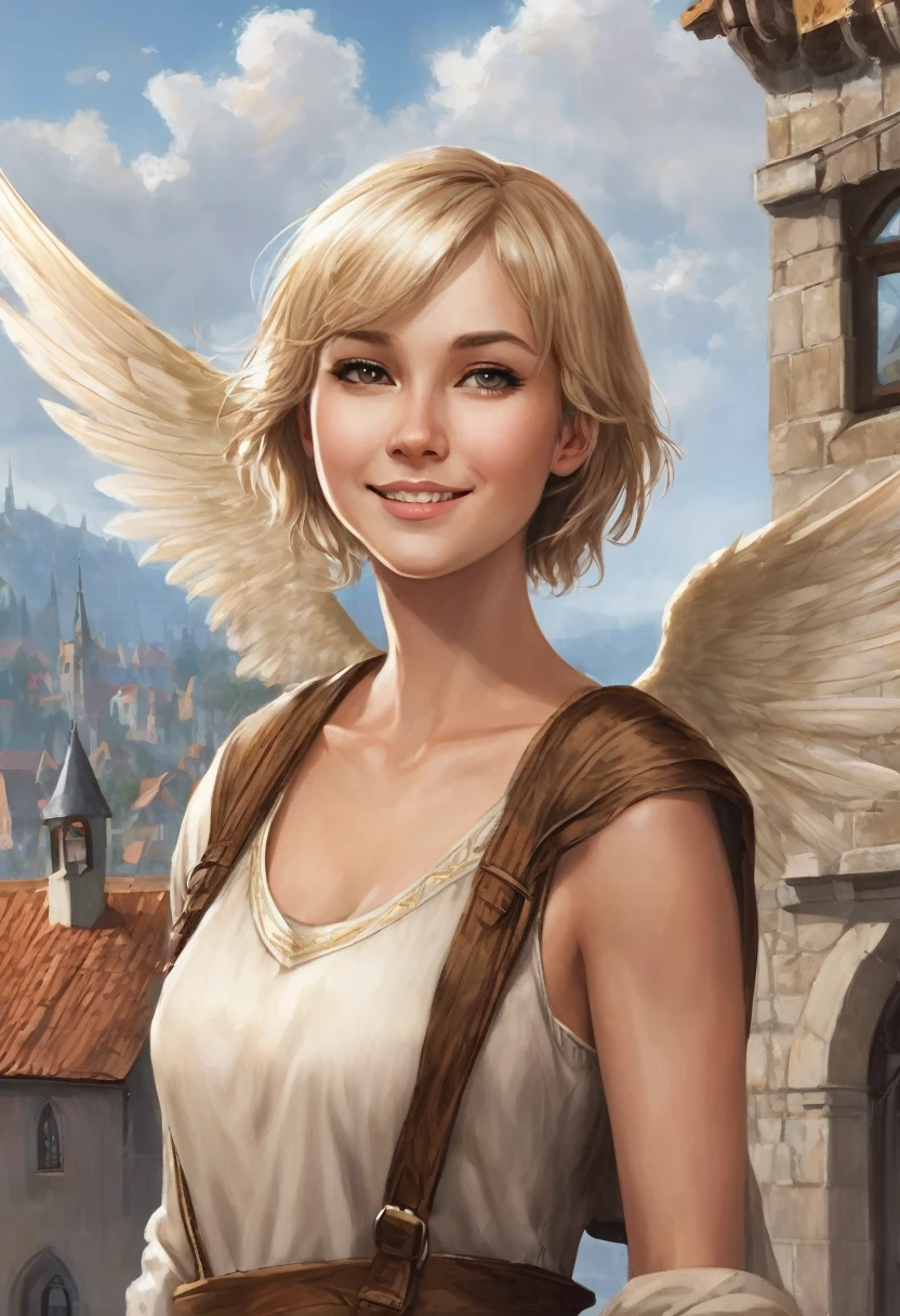 1 female angel, beatuiful face, fantasy, young adult years, she is wearing brown cheap medieval clothes, she has blond short bobcut hair, she has grey eyes, she is smiling, town in the background, fantasy, she has one angelic big wing white, very flat chest