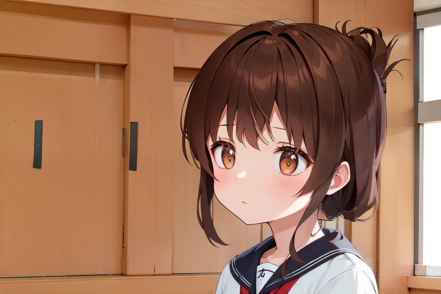 A female student in a sailor uniform sitting on the floor of the gymnasium and watching a physical education class because she feels unwell,(masterpiece, best quality:1.2),illustration,8K,HD,1girl,独奏,upper body,(portrait:1.2),brown_hair,folded_ponytail,brown_eyes,serafuku,long_hair,school_uniform,skirt,pleated_skirt,