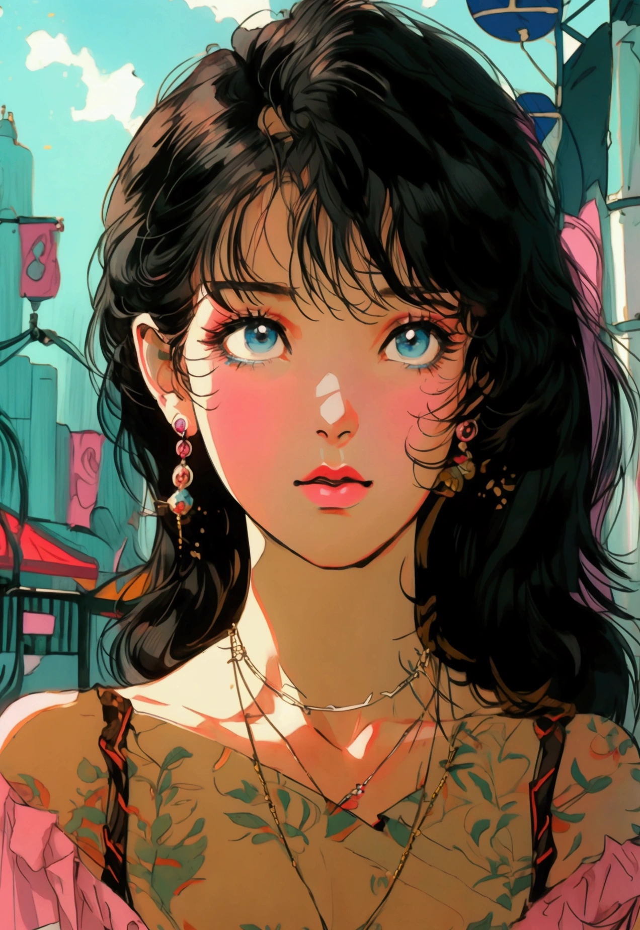 A retro girl（Lovely:1.3 points）,（Eighties:1.4 points）,（Retro Hong Kong style:1.3 points），Vintage pictorial，Showa manga，1990s animation style，Antique Jewelry，Black long hair，earrings，necklace，blue eyes，Cleavage，Retro long skirt，Hongkong，High heel，Break，clavicle，Pink lips，Off-shoulder tops，黑色necklace，Bangs，Simple background，（Gray tone：1.2）