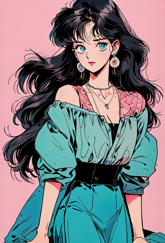 A retro girl（Lovely:1.3 points）,（Eighties:1.4 points）,（Retro Hong Kong style:1.3 points），Vintage pictorial，Showa manga，1990s animation style，Antique Jewelry，Black long hair，earrings，necklace，blue eyes，Cleavage，Retro long skirt，Hongkong，High heel，Break，clavicle，Pink lips，Off-shoulder tops，黑色necklace，Bangs，Simple background，（Gray tone：1.2）