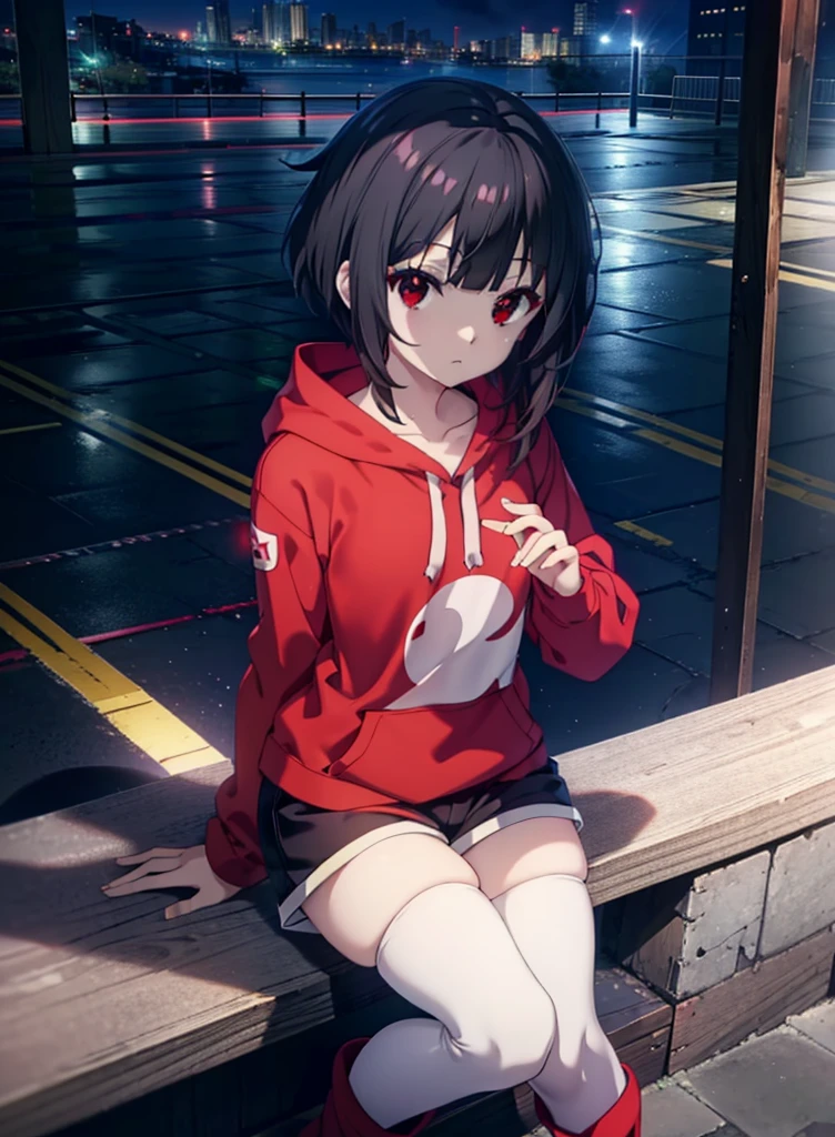 konosubaMegumin, Megumin, short hair, Black Hair, (Red eyes:1.3), short hair with long locks,Oversized red hoodie,Baseball hats,Shorts,White pantyhose,short boots,night,rain,cloudy,Hiding in a roofed building,Sitting on the stairs,whole bodyがイラストに入るように,
break indoors ,Alley,
break looking at viewer, whole body,
break (masterpiece:1.2), Highest quality, High resolution, unity 8k wallpaper, (figure:0.8), (Beautiful attention to detail:1.6), Highly detailed face, Perfect lighting, Highly detailed CG, (Perfect hands, Perfect Anatomy),