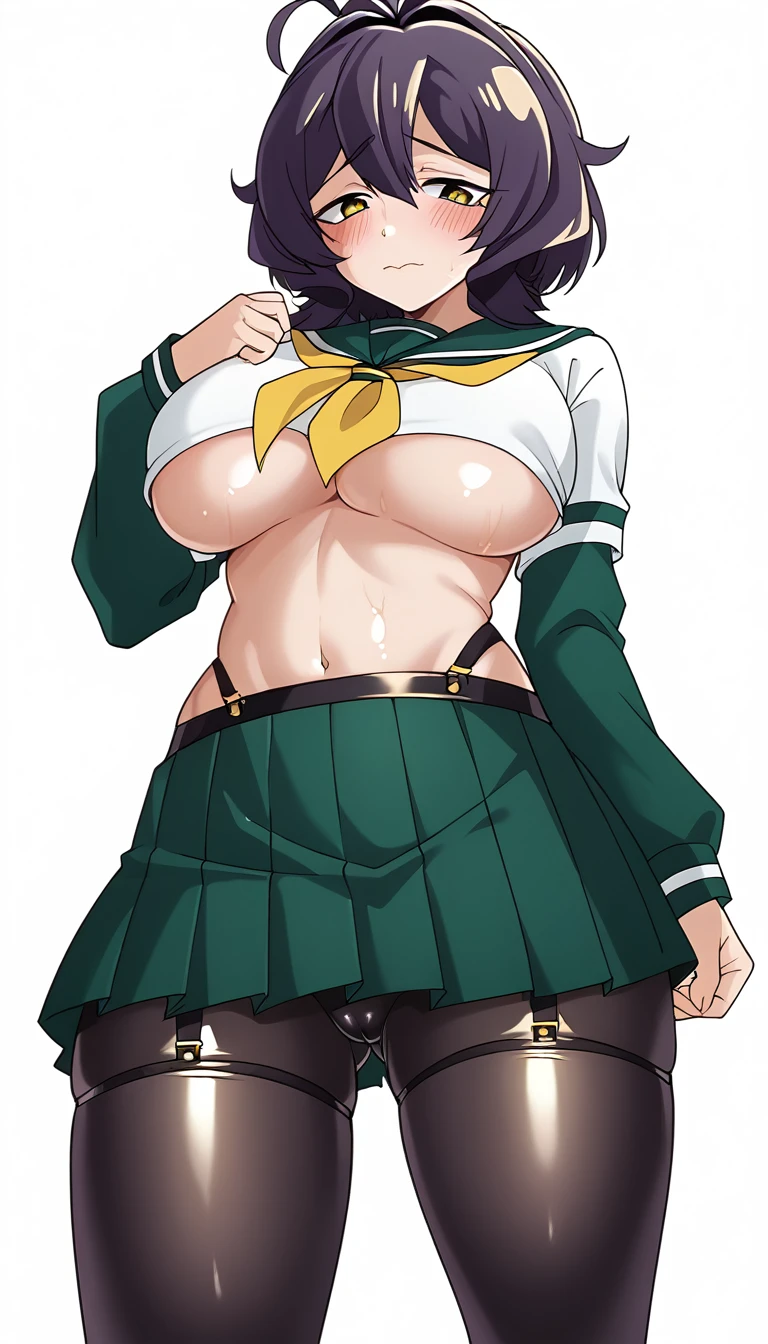 utena,Very large breasts,Blushed,score_9,,Thighs,latex,Underboob,oiled skin,1girl,White background, , serafuku, long sleeves, green sailor collar, green medium skirt, pleated skirt, yellow neckerchief, black pantyhose, lowfers,garter belt